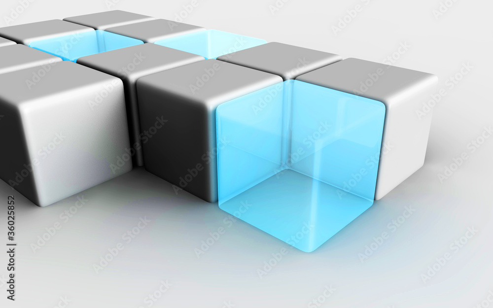 Grey and blue cubes in front of grey background Grey and blue cubes in front of grey background