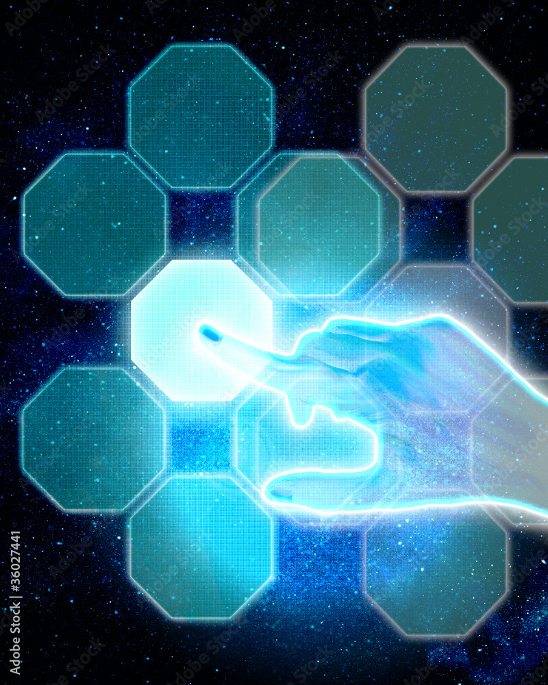 Fototapeta premium glowing hand pushing the button