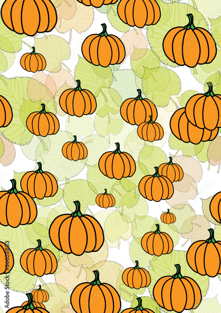 Seamless pattern with leaves and pumpkins