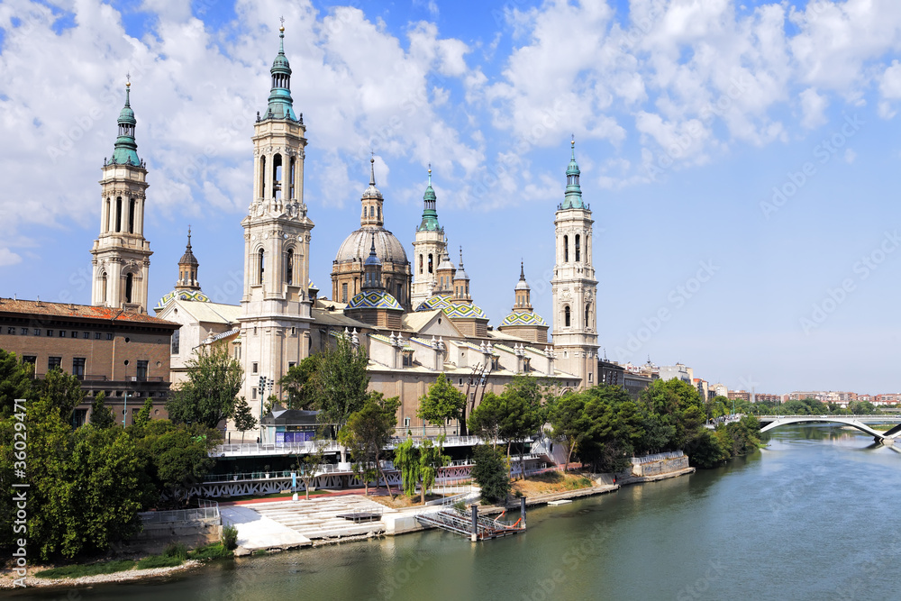 View of Pilar's cathedral and Ebro river in Zaragoza