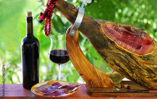 Jamon of spain and red wine. #36035274