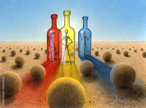 three bottles in surreal desert ambiance