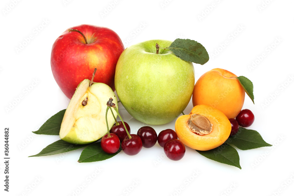 Beautiful apple, apricots and cherries isolated on white Beautiful apple, apricots and cherries isolated on white