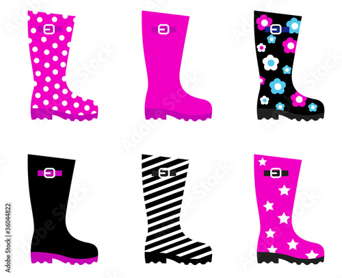 Fresh & colorful rain wellies boots isolated on white..