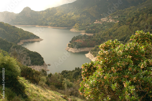Panorama dall'alto del lago di Tolla, Corsica centrale