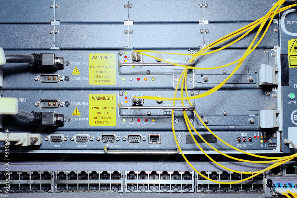 Telecommunication equipment in a datacenter. Telecommunication equipment in a datacenter.