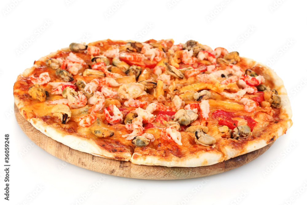 Delicious pizza with seafood on wooden stand isolated on white