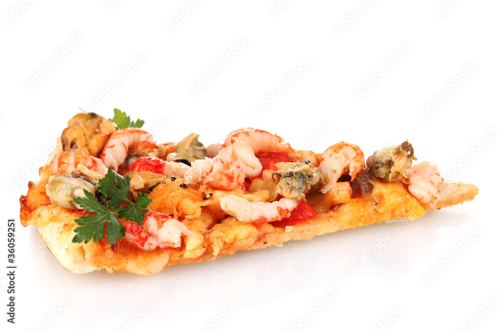 Delicious slice of pizza with seafood isolated on white Delicious slice of pizza with seafood isolated on white