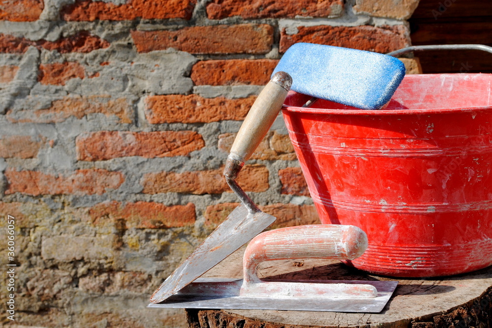 trowel, spatula and bucket, bricklayer tools trowel, spatula and bucket, bricklayer tools