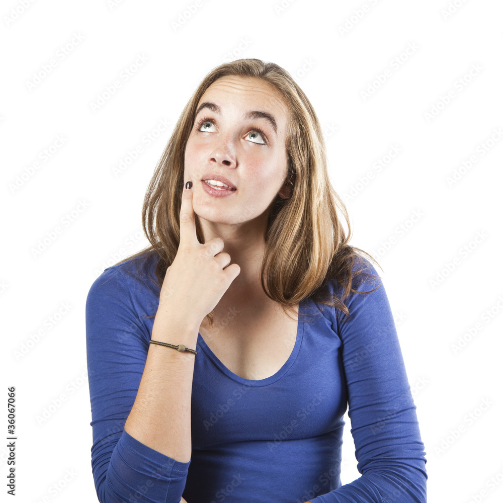 Portrait of a smiling thinking woman looking up - isolated on wh Portrait of a smiling thinking woman looking up - isolated on wh
