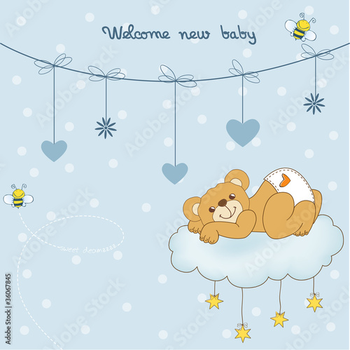 New baby shower card with spoiled teddy bear