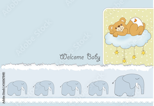 New baby shower card with spoiled teddy bea