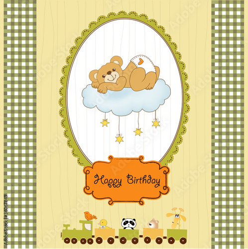 New baby shower card with spoiled teddy bear