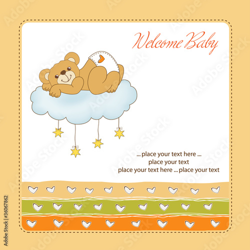 New baby shower card with spoiled teddy bear