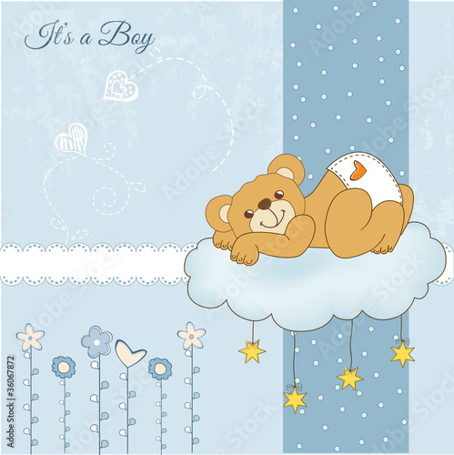 New baby shower card with spoiled teddy bear