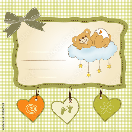New baby shower card with spoiled teddy bear
