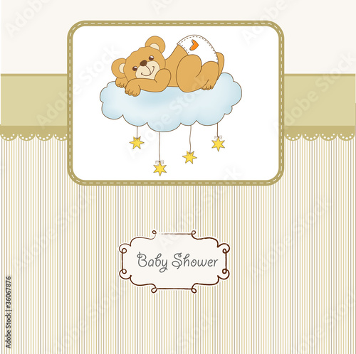 New baby shower card with spoiled teddy bear