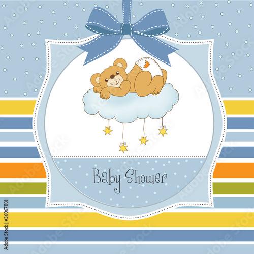 New baby shower card with spoiled teddy bear