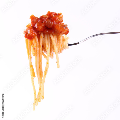 Spaghetti with sauce bolognese hanging on a fork