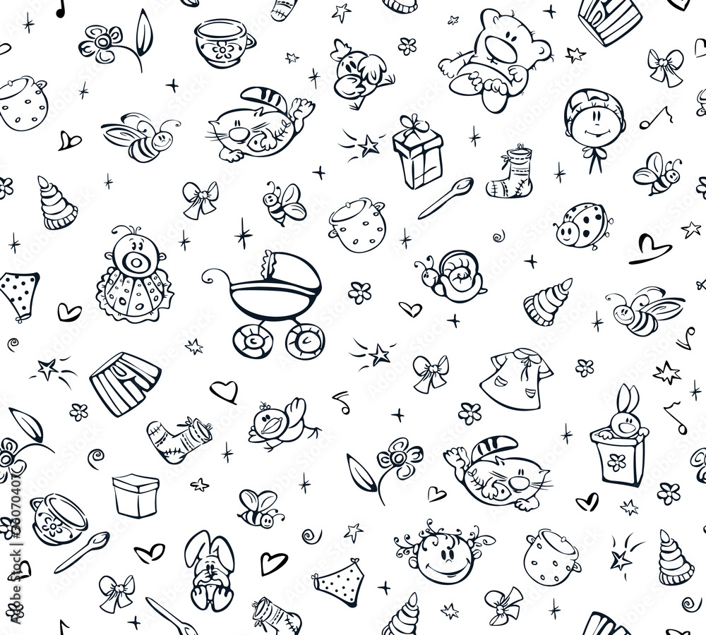 Fototapeta premium Seamless cute pattern of baby stuff.