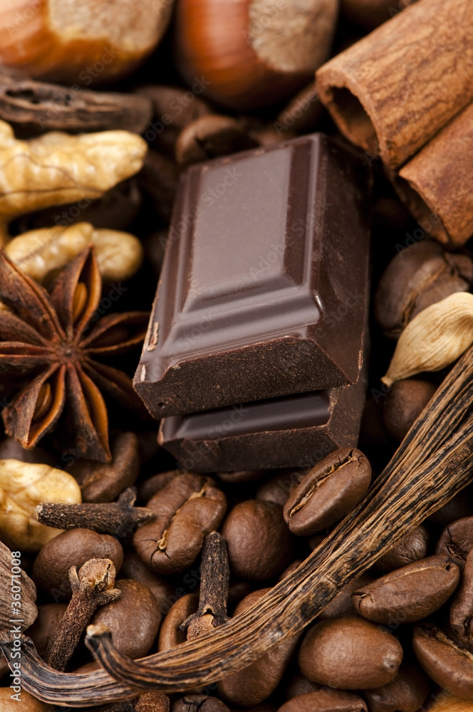 chocolate with coffee beans, spices and nuts chocolate with coffee beans, spices and nuts