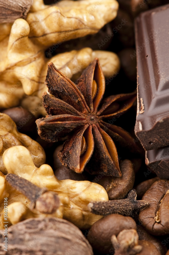 chocolate with coffee beans, spices and nuts chocolate with coffee beans, spices and nuts
