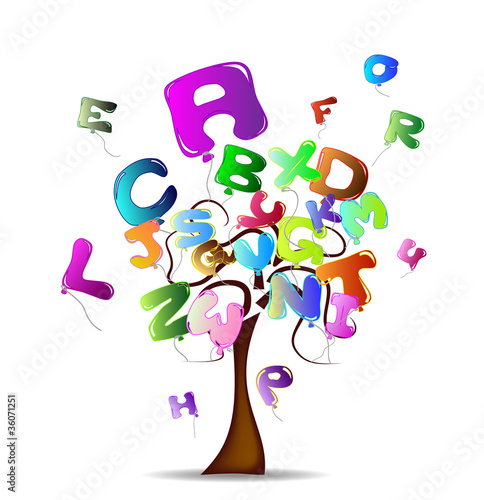 Tree with bright balloons in the shape of letters