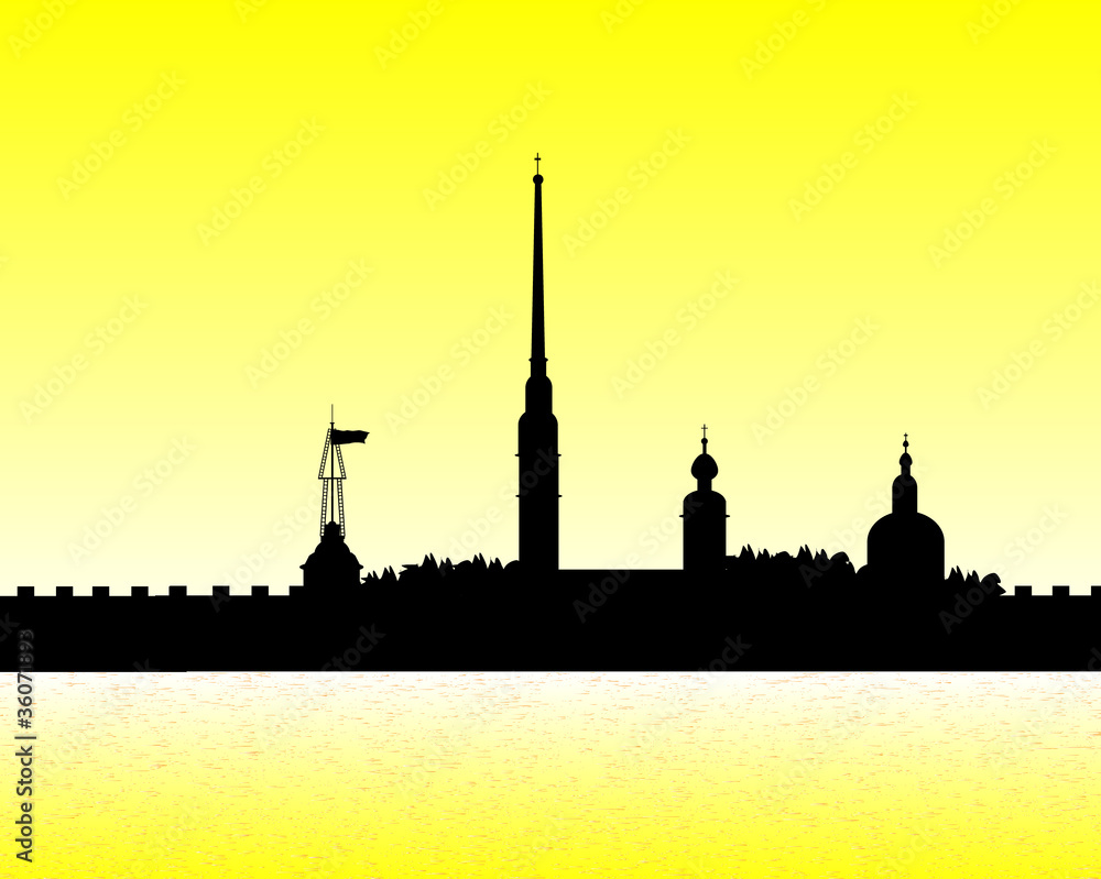 Naklejka premium Silhouette of Peter and Paul fortress at sunset