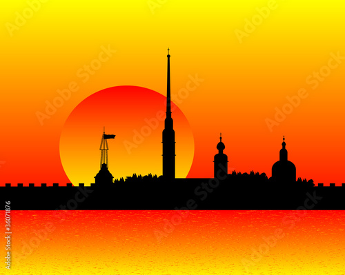 Silhouette of Peter and Paul fortress at sunset