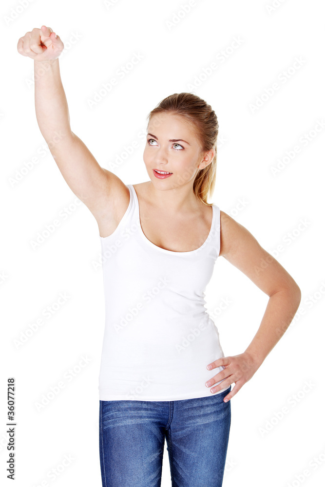 Pretty young girl pushing abstract button. Pretty young girl pushing abstract button.