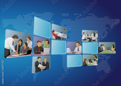 Blue template with business people on screens