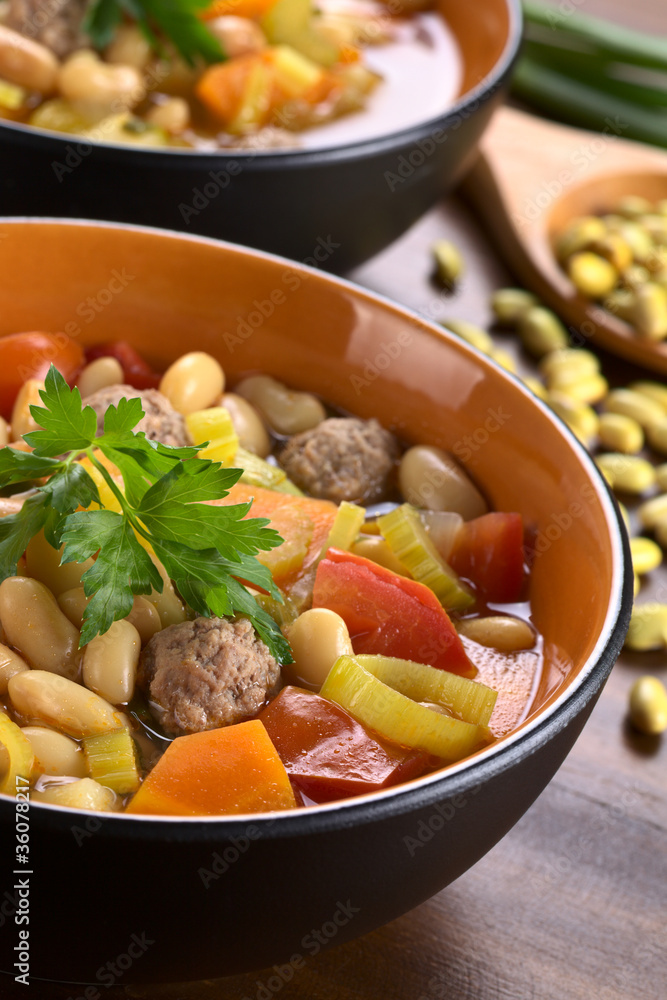 Canary bean soup with meatballs and other vegetables Canary bean soup with meatballs and other vegetables