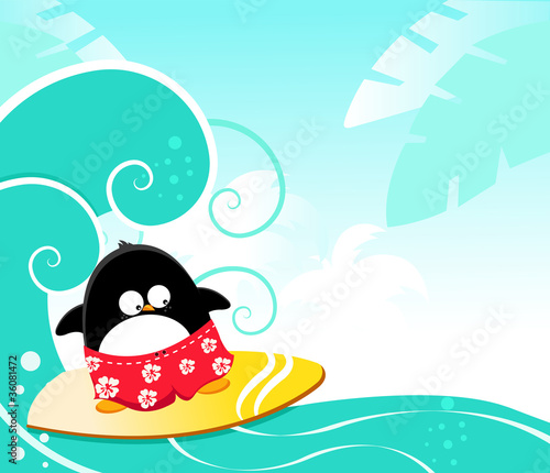 Cute Penguin Surfing With Joy