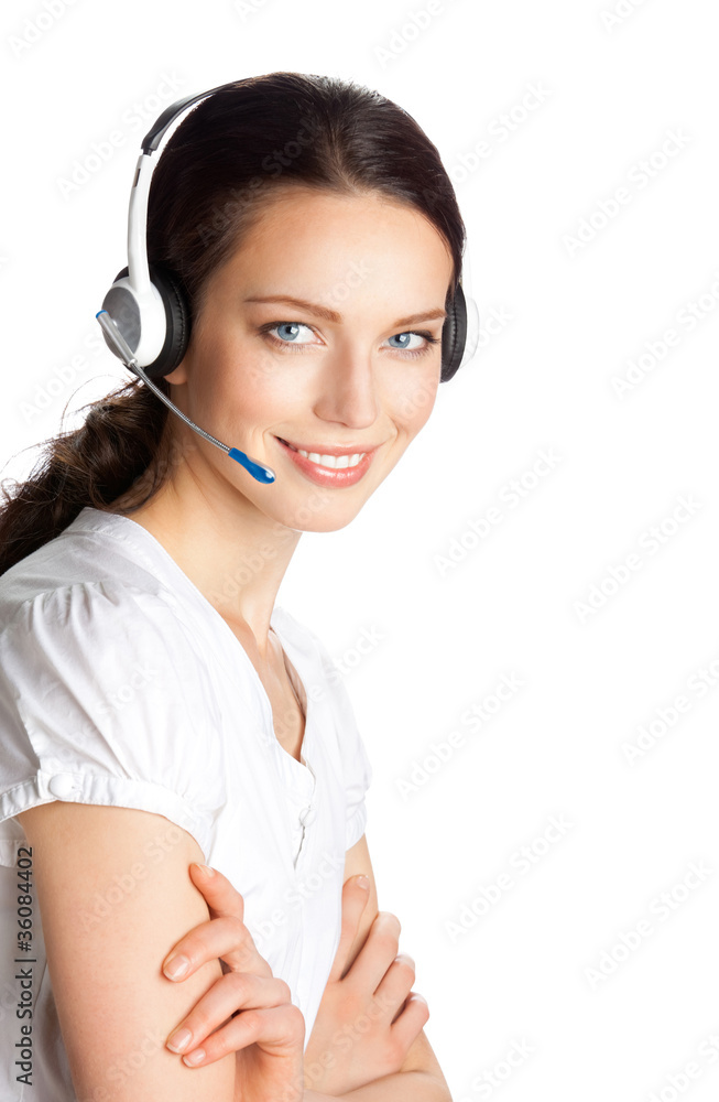 Support phone operator in headset, isolated