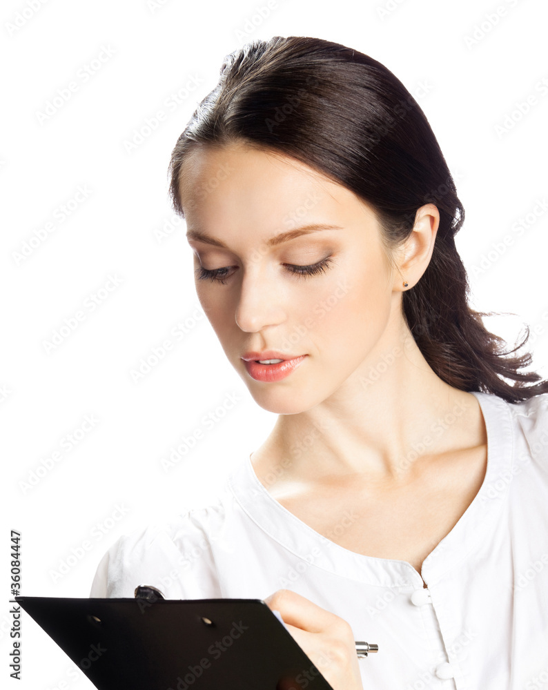 Businesswoman with clipboard writing, isolated Businesswoman with clipboard writing, isolated