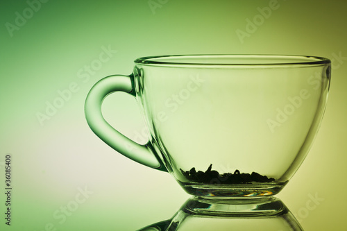 Empty cup of tea on green background