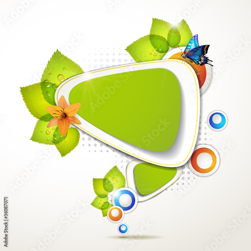 Green banner design with leaf, flower and butterflies