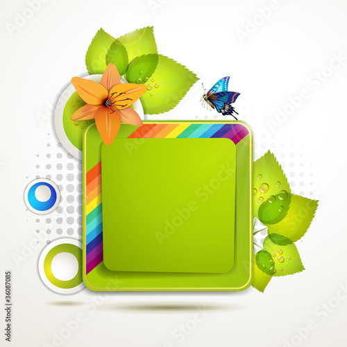 Green banner design with leaf, flower and butterfly