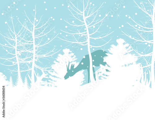 The deer walks in winter wood. A vector illustration