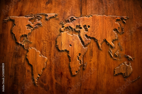 world map carving on wood board