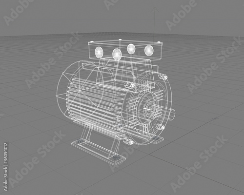Wireframe 3D blueprint of electric motor