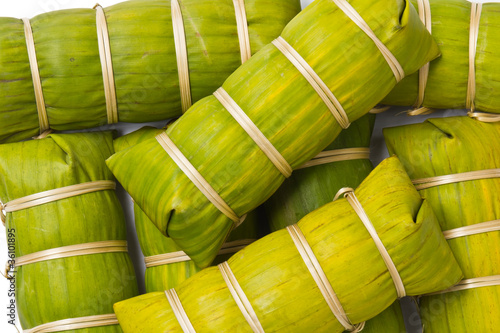 Thai style banana leaf wrapped food, made from sticky rice