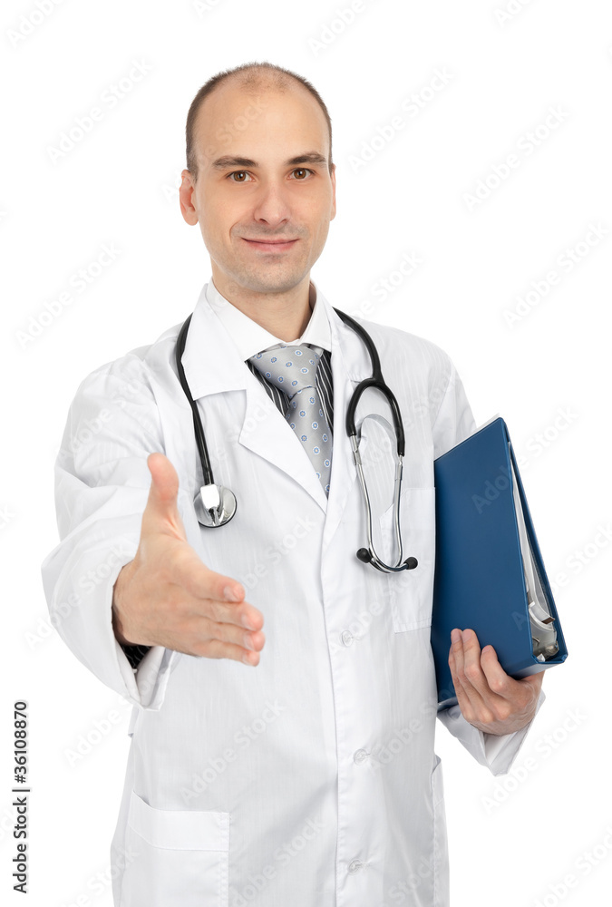 cheerful doctor giving hand for handshaking cheerful doctor giving hand for handshaking