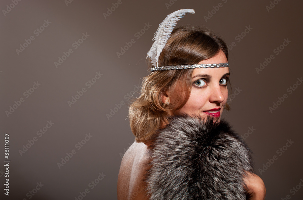Retro woman with feather and fur Retro woman with feather and fur