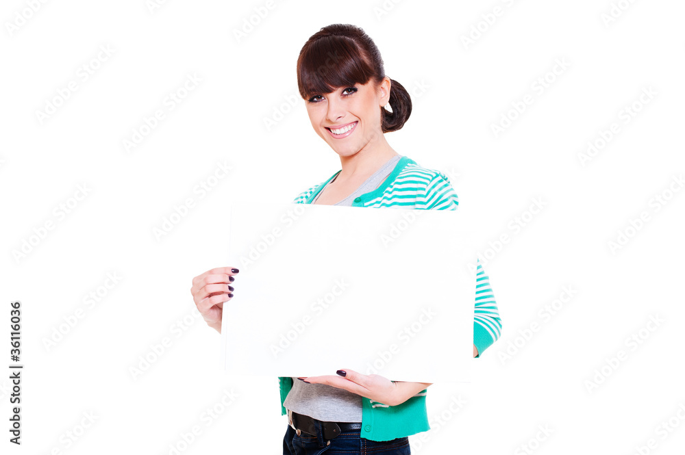 attractive smiley woman holding empty blank attractive smiley woman holding empty blank