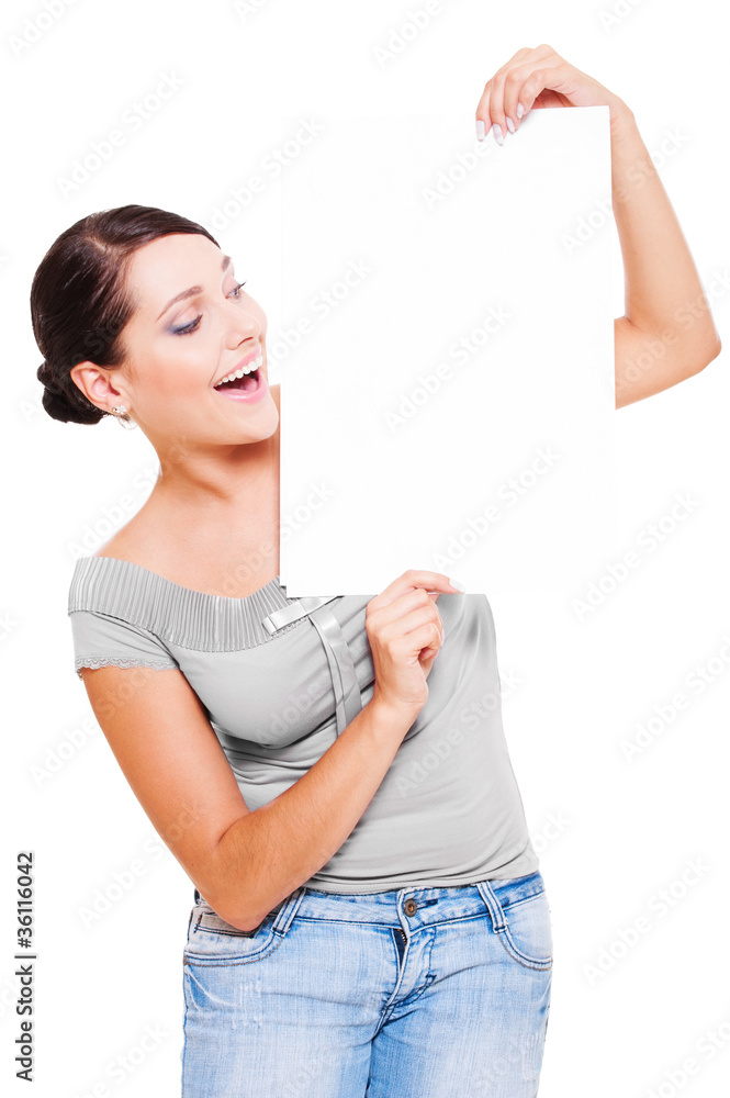 attractive surprised woman holding empty blank attractive surprised woman holding empty blank