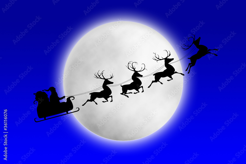 Santa and his reindeers riding against moon