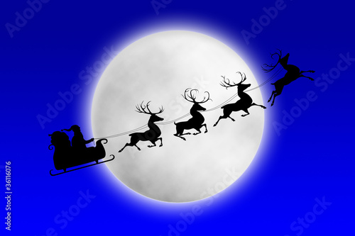 Santa and his reindeers riding against moon