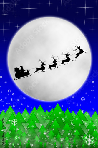 Santa and his reindeers riding against moon