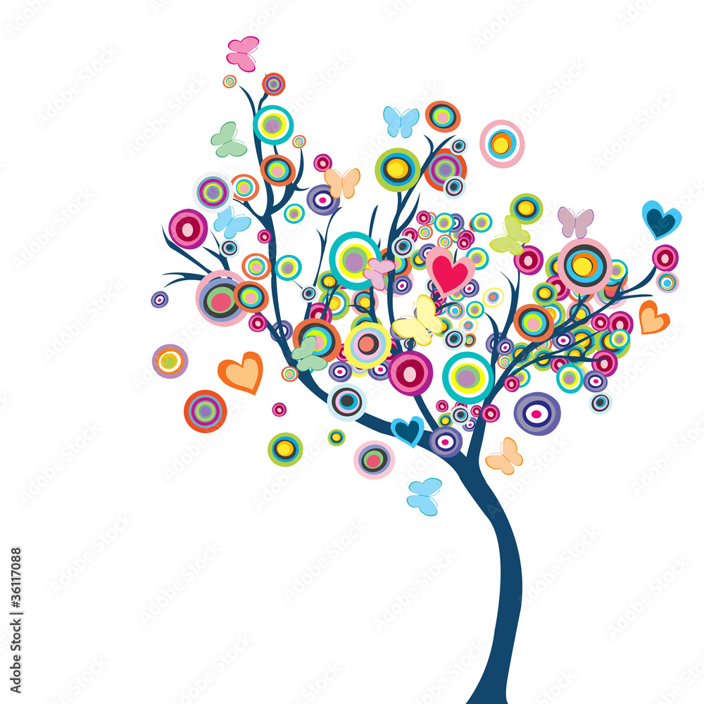 Colored happy tree with flowers and butterflies Colored happy tree with flowers and butterflies